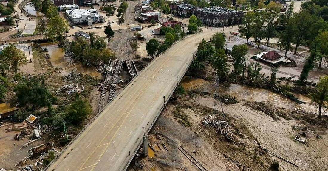 Damaged infrastructure in Asheville, North Carolina in wake of Hurricane Helene